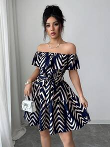 Elenzga 藏蓝色条纹印花露肩荷叶边腰部喇叭裙摆休闲度假优雅连衣裙，适合狂欢节、劳动节、复活节、返校季、海滩、旅行、花园、夏季街头穿搭等场合。 - 藏蓝色 - 查看 5