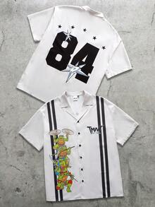 TEENAGE MUTANT NINJA TURTLES | SHEIN Áo sơ mi nam tay ngắn cài một hàng khuy, kiểu dáng thường ngày, họa tiết Teen Mutant Turtles - Màu be - Xem 1