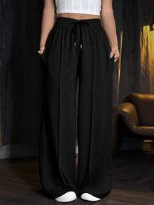 SHEIN PETITE Women's Drawstring Waist Casual Versatile Daily Wear Wide Leg Pants - Black - View 4