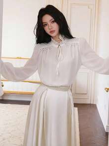 Modelyn New Luxury Elegant Lantern Sleeve Ruffle Beaded Charming Romantic Party Blouse - Apricot - View 2