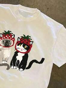 Manfinity Dauomo Men's Round Neck T-Shirt, Cat Print Pattern Design, Casual Versatile Daily Wear, Summer - White - View 5