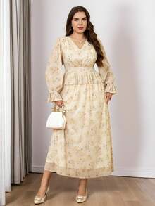 Veilorie Plus Size Elegant Floral Print Ruffle Hem Long Sleeve Dress, Autumn - Multicolor - View 1