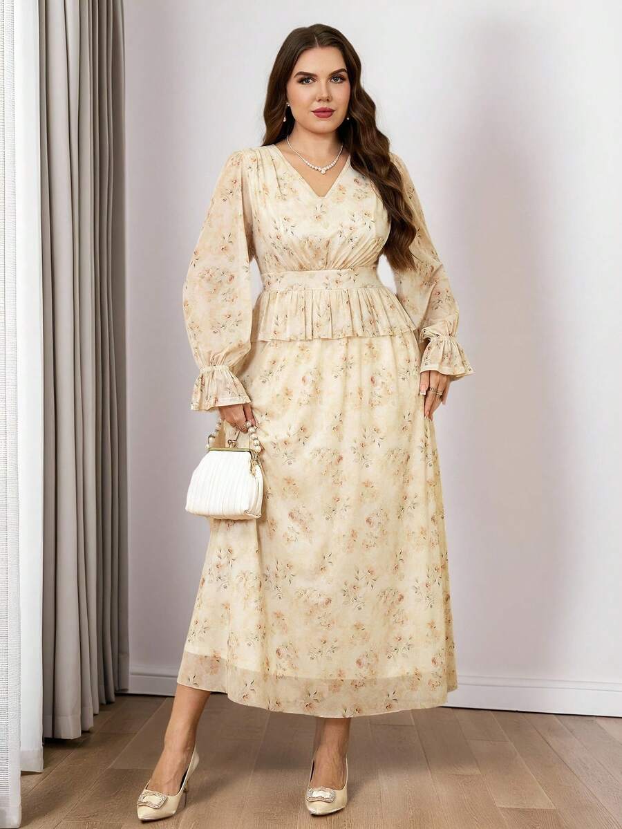 Veilorie Plus Size Elegant Floral Print Ruffle Hem Long Sleeve Dress, Autumn - Multicolor - View 1