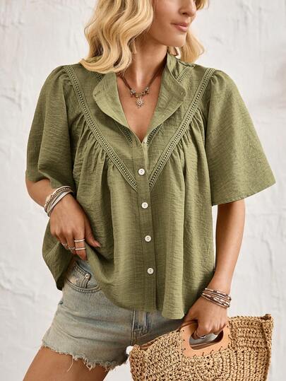 Breezaya Linen Blend Hollow Out Embroidered Blouse, Loose Fit V-Neck Flared Sleeve Shirt, Relaxed V-Neck Flared Sleeve Shirt, Textured Gray-Green Commuter Top