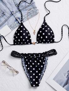 Swim Mod Bộ bikini hai mặt in họa tiết cổ yếm tam giác dành cho nữ, thích hợp cho kỳ nghỉ hè trên bãi biển, với họa tiết sao biển và cạp chun rộng. - Nhiều màu - Xem 4