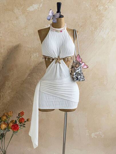 Soleia Đầm mini ôm sát eo yếm khoét rỗng, bèo nhún, phong cách Bohemian, Boho, thích hợp cho kỳ nghỉ, trang phục nữ mùa thu, vintage, lễ hội.