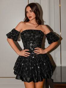 Poshira Rochie de cocktail cu sclipici și paiete, rochie elegantă de petrecere de înaltă calitate - Negru - Vizualizare 7