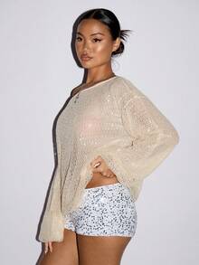 SHEIN ICON Y2K 女士沙滩度假外出 Coachella 俱乐部沙滩装串珠宽松镂空长袖衬衫，夏季 - 杏色 - 查看 4