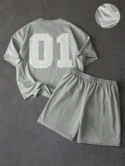 PAVTROS Men's Numeric Embroidery Crew Neck Short Sleeve T-Shirt And Drawstring Waist Shorts Casual Suit