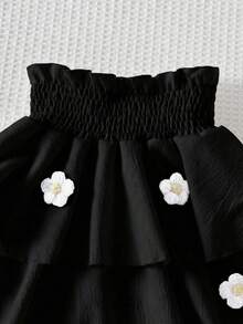 Genkimix Kids Young Girl' Cute Vacation Ruffled Hem Camisole Paired With Patchwork Cake Skirt, Handmade Floral 3D Knit Set - Black and White - View 3