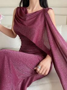 DAZY 女士优雅无袖亮片中长连衣裙，夏季 - 玫紅色 - 查看 4