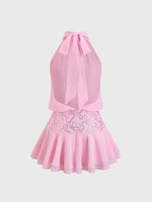 Sweetra Women's Elegant Light Pink Summer Cute Party Backless Halter Sequin Patchwork Chiffon Double-Layer Hem Dress,Fashionable Sweet Beach Graduation - Pink - View 2