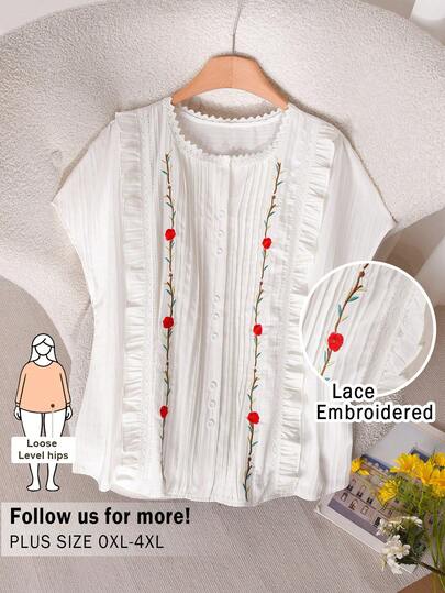 CosyJoli Plus Size Women Embroidered Blouse, Casual Ladies Apparel, Cute Spring/Summer Women Shirt, White Button-Up Shirt Embroidered Tops For Women Plus Size Tops Lace Embroidered Blouse Loose Fit Blouse