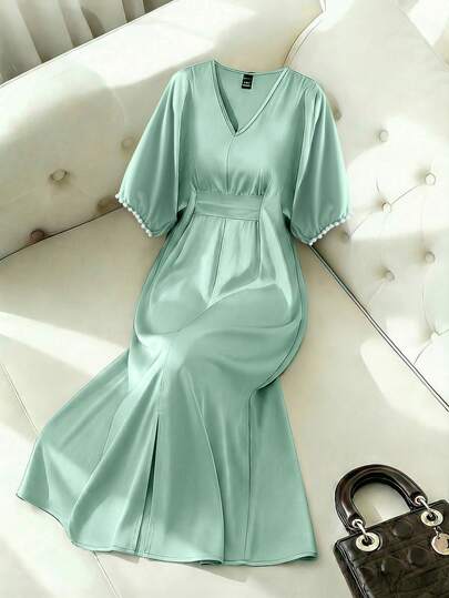 Franclia 女士纯色V领短袖珍珠装饰连衣裙