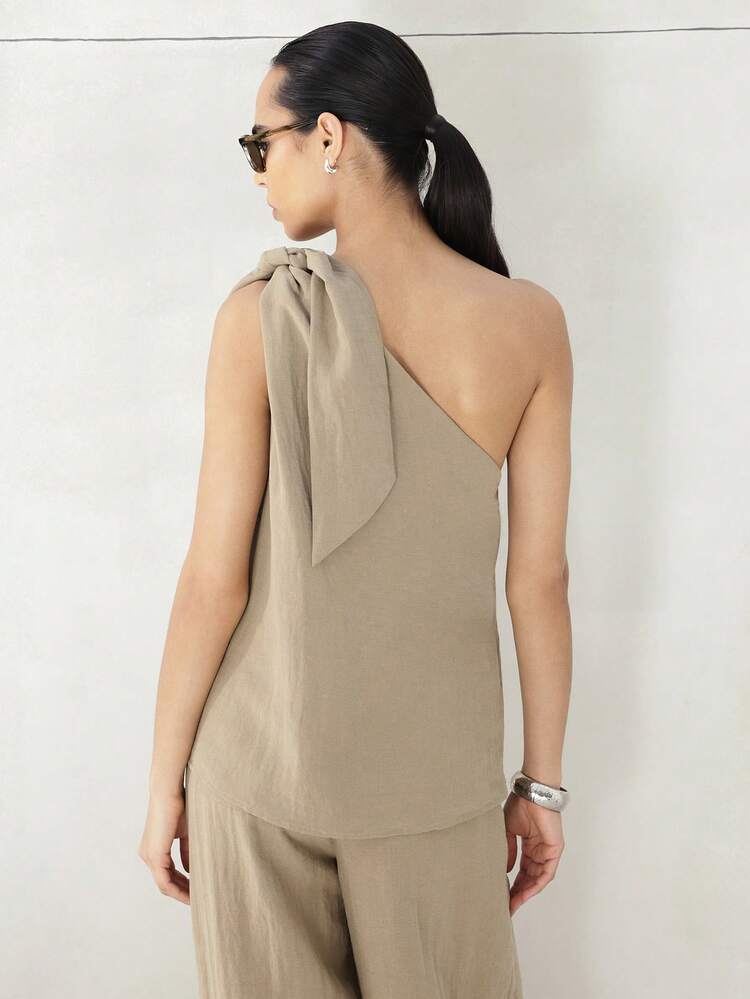 KSTM Women's One Shoulder Asymmetrical Top With Tie Detail Bow Accent Summer Casual Blouse Minimalist Chic Contemporary Fashion