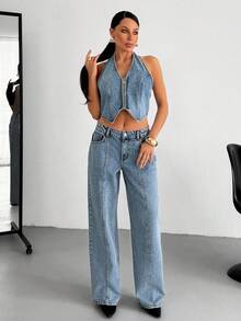 SHEIN Top & Jean Two Pieces Denim Set - Medium Wash - View 3
