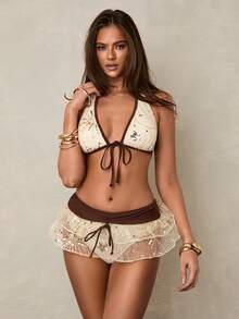 Swim Glamine 女士夏季沙滩亮片吊带系带性感比基尼泳装套装 - 米色 - 查看 4