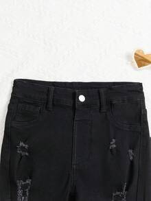 少女牛仔裤，夏季新品，黑色水洗牛仔短裤，时尚休闲风，做旧破洞设计，修身剪裁，弹力牛仔面料，适合日常、上学、通勤、聚会等各种场合。 - 黑色 - 查看 5