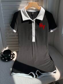 Attitoon 休闲简约学院风 Polo 领撞色黑白 NY 红色字母印花图案女式连体裤，适合初秋穿着，百搭风格，复古风、性感风、可爱风、Y2K 椰子女孩波西米亚嬉皮风、音乐节风，适合春季穿着。 - 黑色 - 查看 6