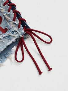 ROMWE Avant Quần short denim mini gợi cảm cạp thấp Y2K phong cách thể thao ba lê cổ điển dành cho nữ có logo thêu họa tiết dây rút - Màu xanh nhạt - Xem 2