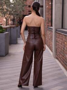 Andrea Bello Bộ 2 áo crop top và quần ống rộng bằng da PU dành cho nữ, trang phục mùa thu giản dị và gợi cảm cho nữ, quần da nâu, áo quây cho nữ, trang phục da nâu, áo nịt ngực bằng da, áo nịt ngực không dây màu nâu - màu nâu - Xem 2