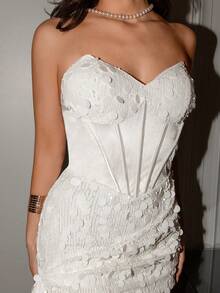 Poshira Sequin Shiny Fitted Cocktail Dress, High-End Elegant Party Gown - White - View 5