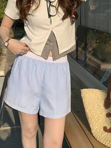 K-Vae 女士轻薄弹力腰荷叶边休闲短裤 - 藍色 - 查看 5