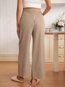 SHEIN 孕妇可调节腰围宽松条纹裤 - 巧克力棕 - 查看 2