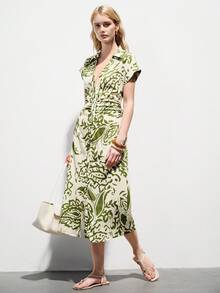 Aveloria Modichic Đầm sơ mi kiểu Bohemian cổ điển in hoa, cài cúc phía trước, xếp ly ở eo, phối màu trắng ngà và xanh ô liu, đa năng cho kỳ nghỉ thanh lịch, đi làm và mặc thường ngày. - Nhiều màu - Xem 6