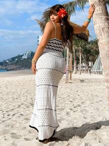 GalTyme Plus Size Vacation Beach Colorblock Striped Hollow Out Knit Cami Dress - Black and White - View 2