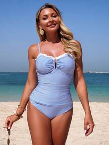 Swim Lushoire 2pcs Women's Summer Beach Minimalist Knit Jacquard Blue & White Striped U-Neck Ruffle Trim Camisole Top And Regular Triangle Tankini Bottom Swimsuit Set - Blue and White - View 3