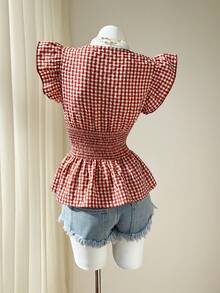 Elamini 女士红色格纹荷叶边袖V领纽扣松紧腰修身喇叭下摆衬衫，性感甜美欧式度假风 - 紅色 - 查看 2