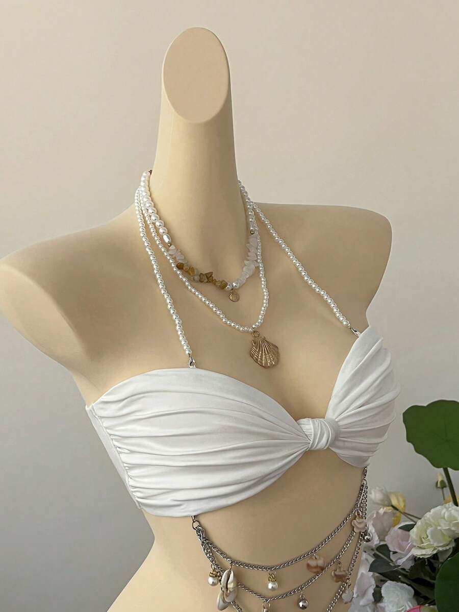 SuriyaCove Women's Vacation Beach Twist Beaded Chain Decor Backless Cropped Halter Top - White - View 1