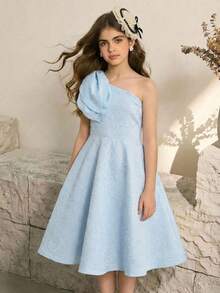 SHEIN Tween Girl Elegant Casual Minimalist Light Pink & Blue Textured One Shoulder Backless Detachable Rose Bow Waist Splice A-Line Mini Dress - Baby Blue - View 2