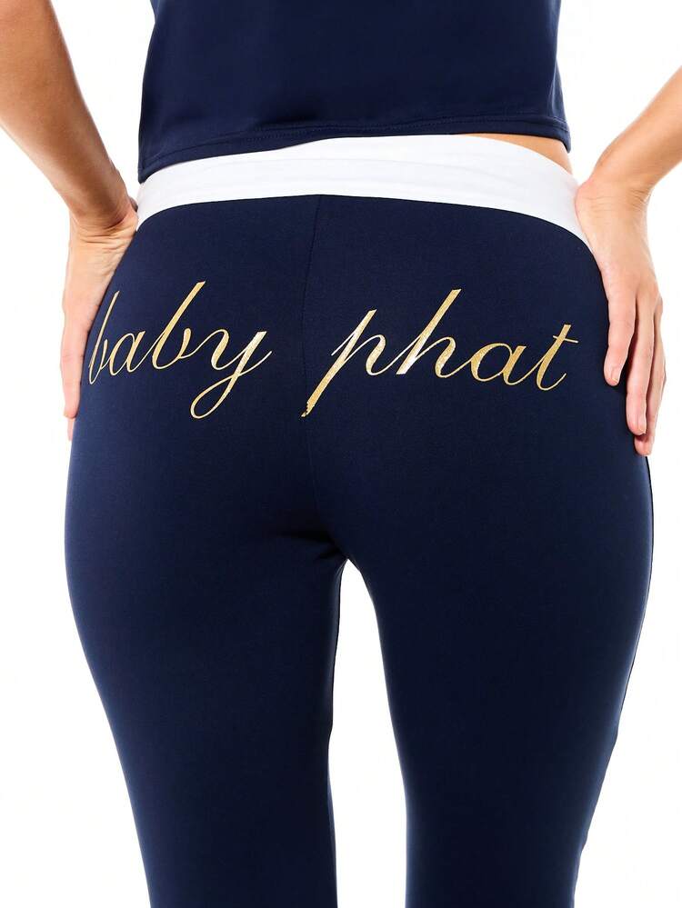 BABYPHAT Damskie legginsy do jogi w kolorze granatowym z rozszerzanymi nogawkami i złotymi napisami, z rozszerzaną talią i rozciągliwymi spodniami typu dzwony