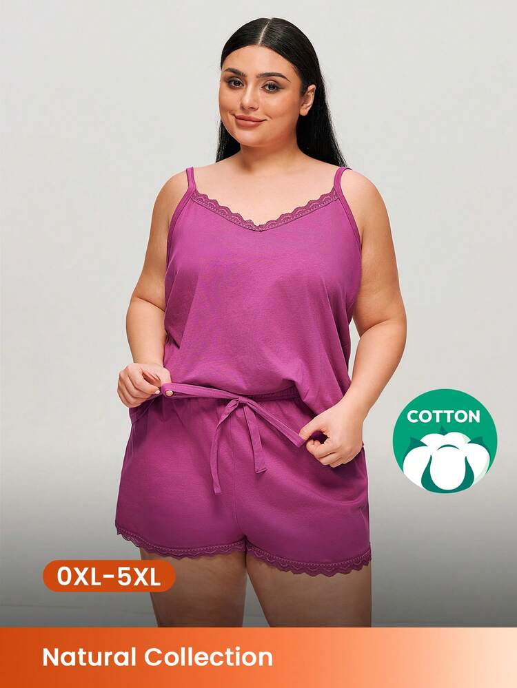 Conjunto de pijama de verano para mujer talla grande de algodón 100% puro color rosa oscuro, con camiseta de tirantes de encaje y pantalón corto. Conjunto de lencería y pijama a juego para mujer curvy