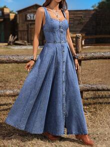 Breezaya 女士甜心领单排扣休闲无袖牛仔连衣裙 - 藍色 - 查看 4