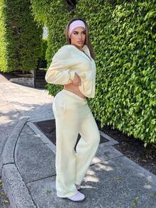 Maria Perezxox Women's Cream Yellow Casual Loose Sweatsuit Set, Y2K Style, Autumn Outfit - Yellow - View 5