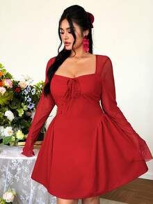 Celure Plus Size Women's New Party, Outing, Date, Gathering Elegant Mesh Rose Red Knit A-Line Romantic Valentine's Day Dress - Red - View 4
