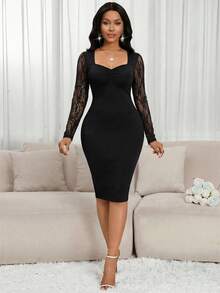 SHEIN Lady Đầm nữ thanh lịch màu trơn phối ren, dáng ôm, dài đến đầu gối. - màu đen - Xem 6