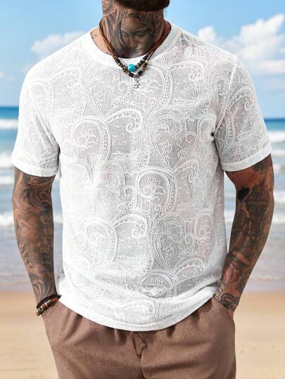 VENTUSAIL Camiseta casual de cuello redondo de manga corta con bordado para hombre, camisa de encaje y malla para hombre, camiseta de playa, camiseta estampada para hombre, camiseta blanca de playa para hombre, camiseta con estampado de paisley y camuflaje para hombre, para uso diario, tiempo libre, viajes de fin de semana, actividades al aire libre, expediciones de viaje, entornos de trabajo relajados o ocasiones semi-formales, regalo para novio/esposo, regalo de aniversario/cumpleaños, vacaciones de verano, playa, ropa hawaiana, boda de primavera a verano