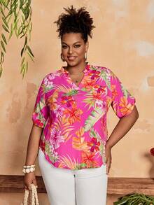 EMERY ROSE 大码女式热带植物印花翻领卷袖衬衫上衣，适合夏季、外出、沙滩、度假、乡村音乐会、狂欢节、海滩度假、办公室、工作、商务休闲等场合，也适合下午茶、锐舞派对等场合。这款热带风情上衣，适合秋季穿着，图案为夏威夷风情，适合春夏秋冬。 - 彩色 - 查看 6