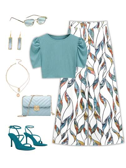 Ellevyn Women's Solid Color Pleated Blouse And Leaf Print Skirt 2-Piece Set, Fashionable Everyday Wear Summer Suit Summer Outfits For Women  Luxury Women's Two-Piece Set Summer Women's Comfortable Loose Elegant Casual Versatile T-Shirt And Pants Pullover Two-Piece Set With Print  Vacation Outfit