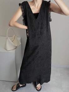 FRIFUL Women's Mesh Patchwork Mid-Length Dress Sundress - Black - View 9