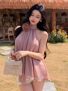 SHEIN K-Vae Elegante blusa de verano con cuello halter y flores 3D - Rosa coral - Ver 4