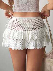 Sweetina Women's Double-Layer Ruffled Hollow-Out Knit Skirt - White - View 2