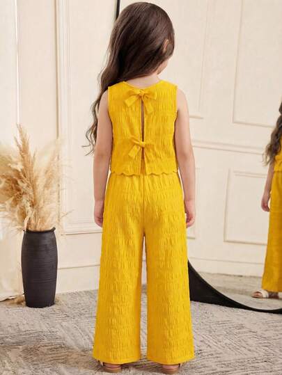 Emery Rose Kids 2pcs Young Girl Woven Solid Color Casual Vest And Long Pants Set