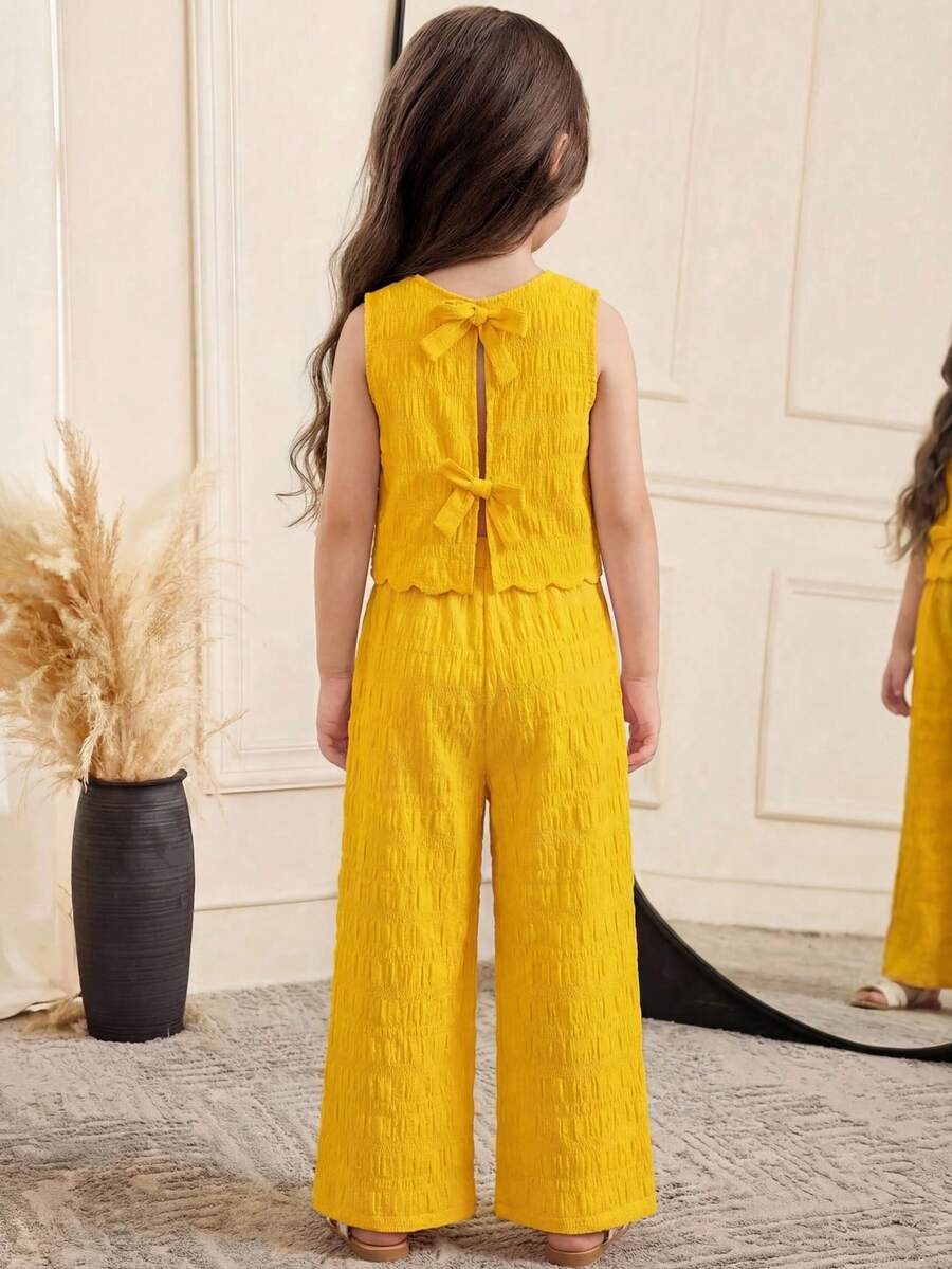 SHEIN Bộ 2 món gồm áo ba lỗ và quần dài dệt kim màu trơn dành cho bé gái, kiểu dáng thường ngày. - Màu vàng - Xem 1