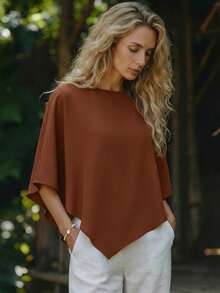 Linavere Women's Casual Commuting Loose Batwing Sleeve Asymmetrical Hem Solid Color Blouse, Summer - Coffee Brown - View 4