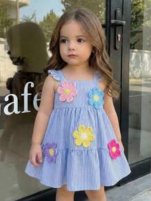 SHEIN 女婴方领荷叶边条纹休闲褶皱连衣裙 - 藍白色 - 查看 1